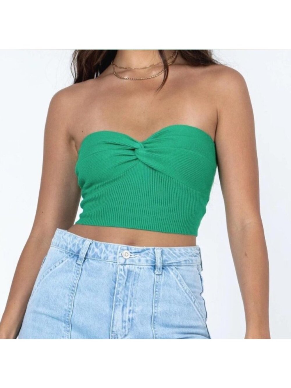 Princess Polly Twisted Front Strapless Cropped Top Green Casual